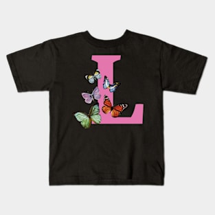 Letter pink L with colorful butterflies Kids T-Shirt